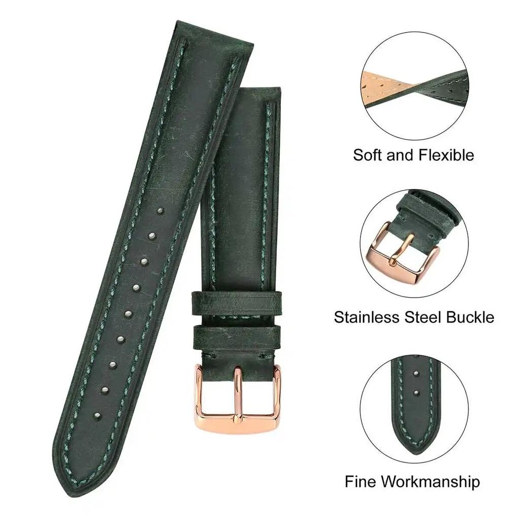BISONSTRAP Crazy Horse Leather Watch Strap 18mm 20mm 21mm 22mm 24mm Replacement Belt Rose Gold Buckle Band for Men Watchbands