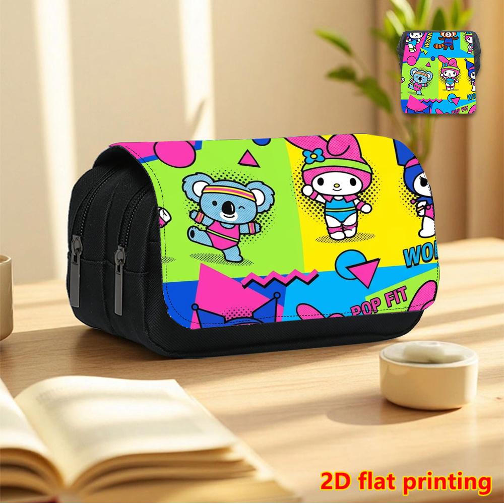 Sanrio Sports Theme 2D Printed Double-Layer Flip-Top Black Pencil Case - Back-to-School Essential Pencil Box, Daily Multifunctional Makeup Bag, Large-