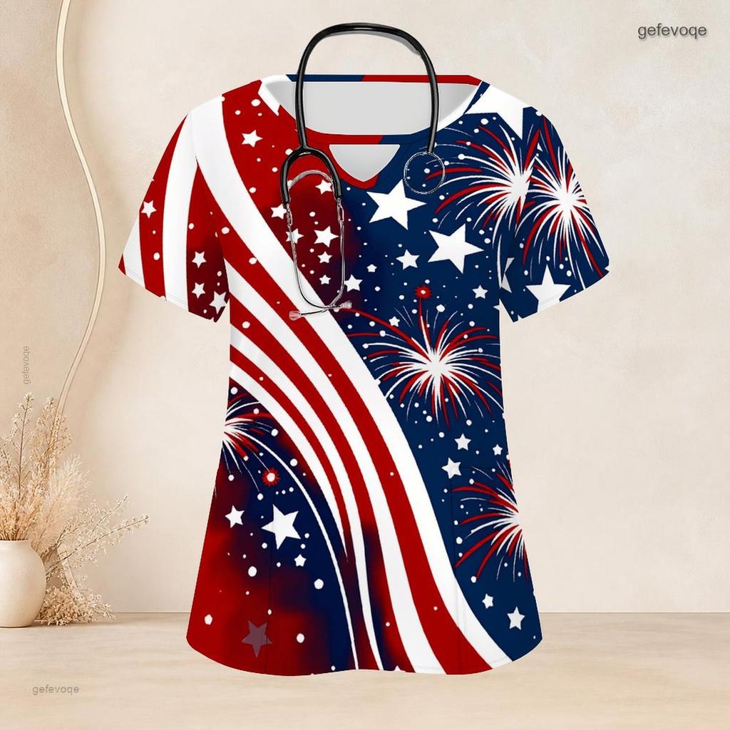 Women Plus Size Blue Printed Scrub Top Keyhole Neck Short Sleeve Nurse Uniform With Front Pockets