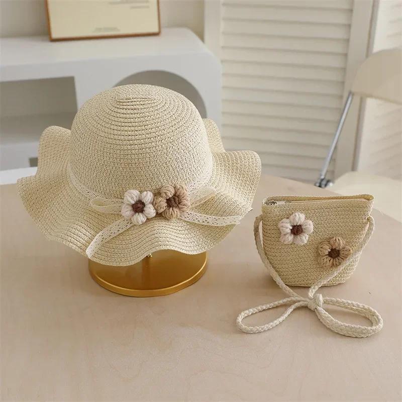 Summer Straw Hat and Bag Set for Girls 3D Flower Lace Bow Wide Brim Fisherman Cap and Crossbody Bag Cute Children's Sun Hat
