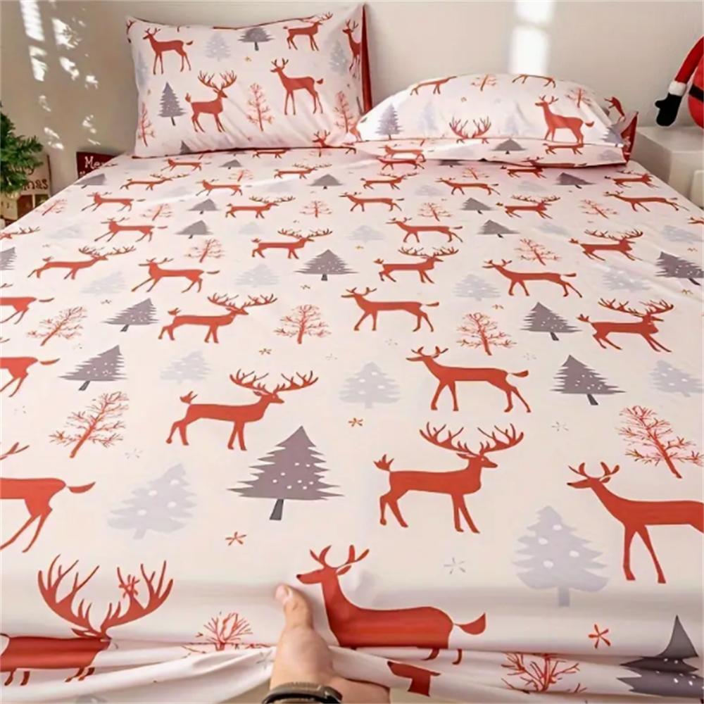 Christmas Theme Santa Hat Design 3-Piece Bedding Set-100% Polyester Microfiber Machine Washable Mattress Cover Durable Sheet