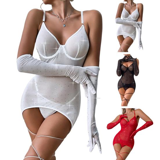 Sexy Mesh Mini Bodycon Dress for Women Sparkly Glitter Sequins Sheer See Through Cami Dress with Thong And Long Gloves