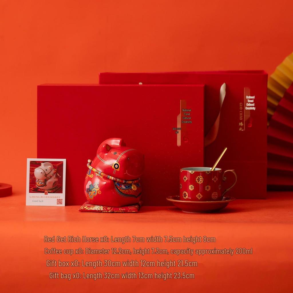 2026 Year of the Horse Cultural Gift Set: Ceramic Tea Cup, Ornament, Piggy Bank Souvenir