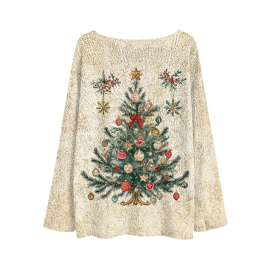 Women's Round Neck Lightweight Sweater Casual Long Sleeve Christmas Print Knit Pullover.