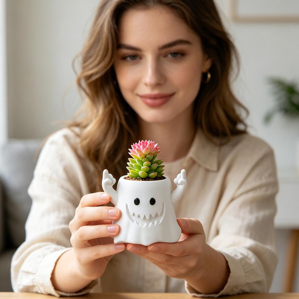 Resin Desktop Planter with Ghost Design Decorative Pot for Indoor Outdoor Use Unique Resin Sculpture Plant Holder for Home Office Desk