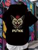 Men'S Black Hooded Sweatshirt Punk Rock Cat Print Loose Street Style Pullover Kangaroo Pocket Outdoor Sports And Daily Wear Black