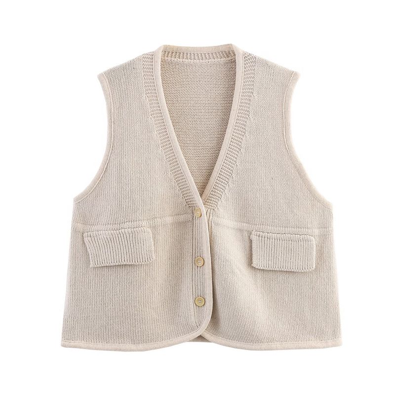 Zbzr Autumn New Women Clothes Western Style Fashion V-neck Knitted Wool Loose Cardigan Vest Vest Waistcoat