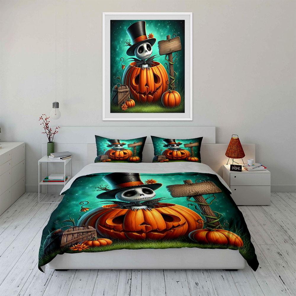 Halloween Skeleton in Pumpkin Bedding Duvet Cover Set Duvet Cover Pillowcases (1*Duvet Cover 2*Pillowcases, without duvet insert)