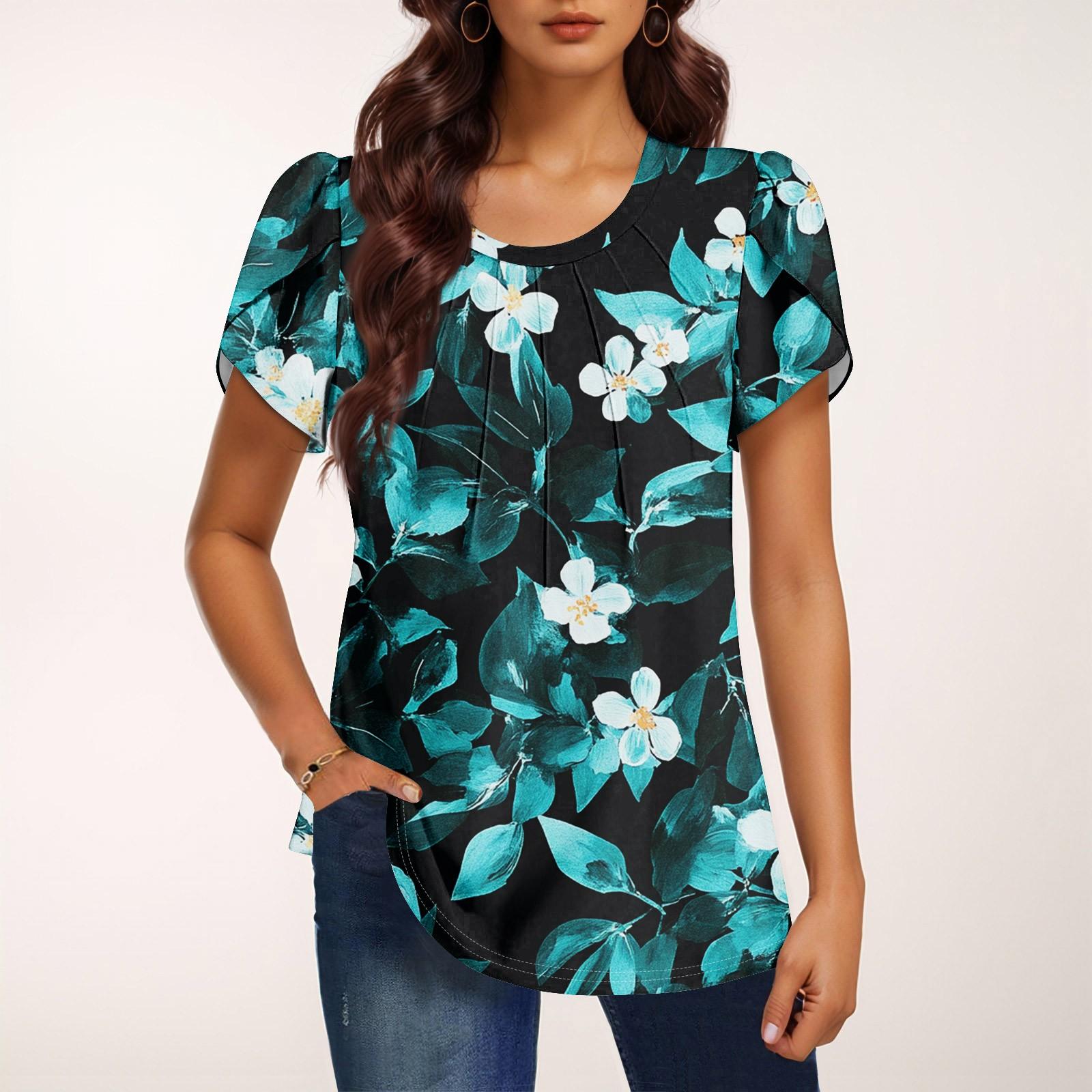 

Женская модная футболка с круглым вырезом и коротким рукавом с принтом, повседневная, базовая, плиссированная, пуловер S зелёный