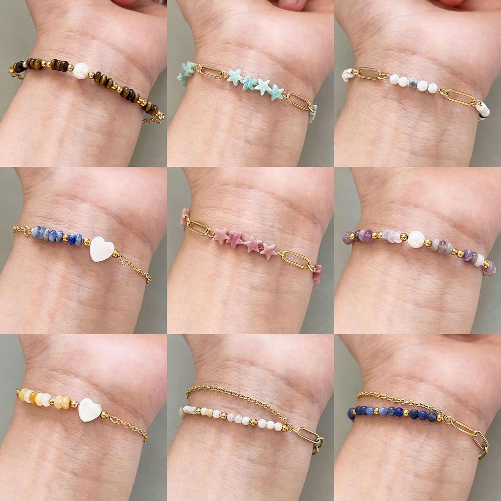 Elegant 18k Gold-Plated Stainless Steel Bracelet with Natural Stone Inlay - Trendy and Fade-Resistant for Women