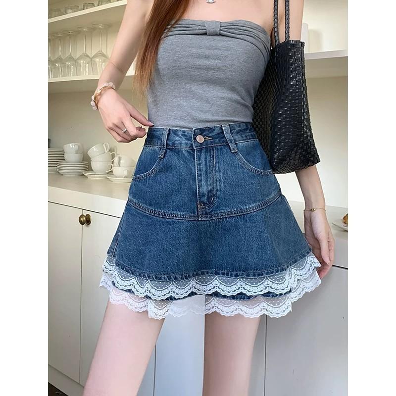 Large Size Retro Cake Denim Skirt Women's Summer Anti-light High Waist Thin Hip Wrap A Word Short Skirt High Waist Dark Wash Denim Skirt