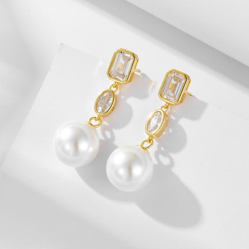 Elegant Square Zircon Pearl Drop Earrings Sterling Geometric Long Dangle Women 925 Sterling Silver
