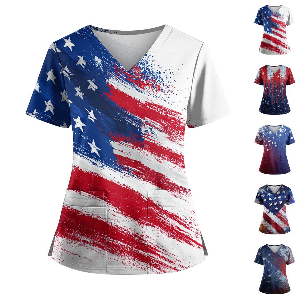 Women's Independence Day Print V-Neck Double Pocket Short Sleeve Uniform with Slit Hem - Caregiver Top