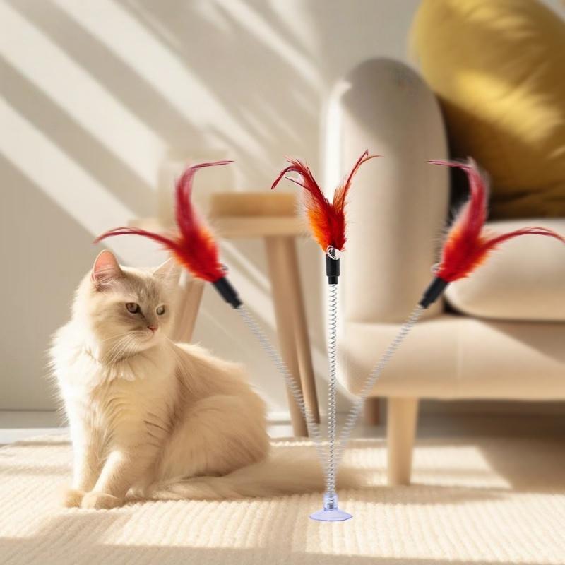 Swinging Spring Feather Cat Teaser with Suction Cup, Interactive Cat Toy with Sounding Bell, Teaser Wand Toys