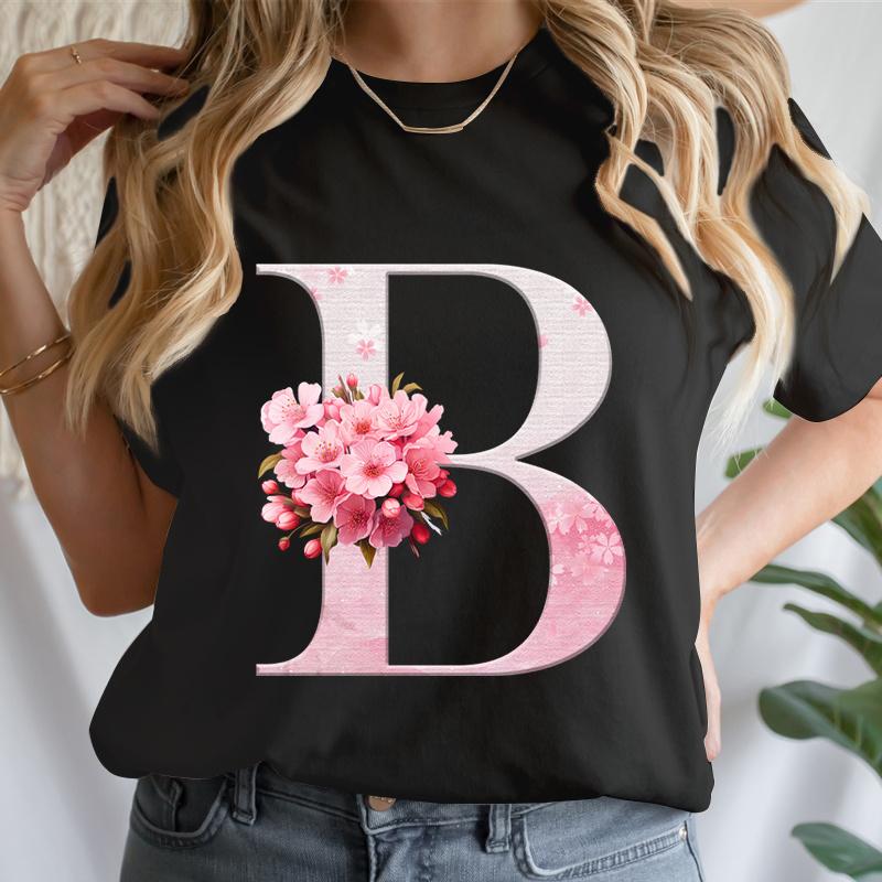Y2k Cherry Blossom Letter Az Tshirts Unisex Pink Floral Aesthetic Alphabet Tees Short Sleeve Boho Chic Tops Mama Gifts Tshirts