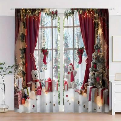 2pcs Christmas Themed Curtains - Snowman & Gift Design, Light Filtering Polyester Drapes for Bedroom, Living Room, Office Decor