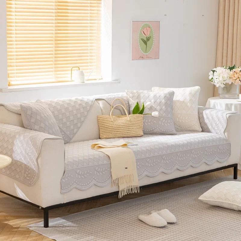 Europe Washed Cotton Sofa Cushion Four Seasons Universal Couch Cover Jacquard Non-slip Willow Leaf Pattern Sofa Towel Wave Edge