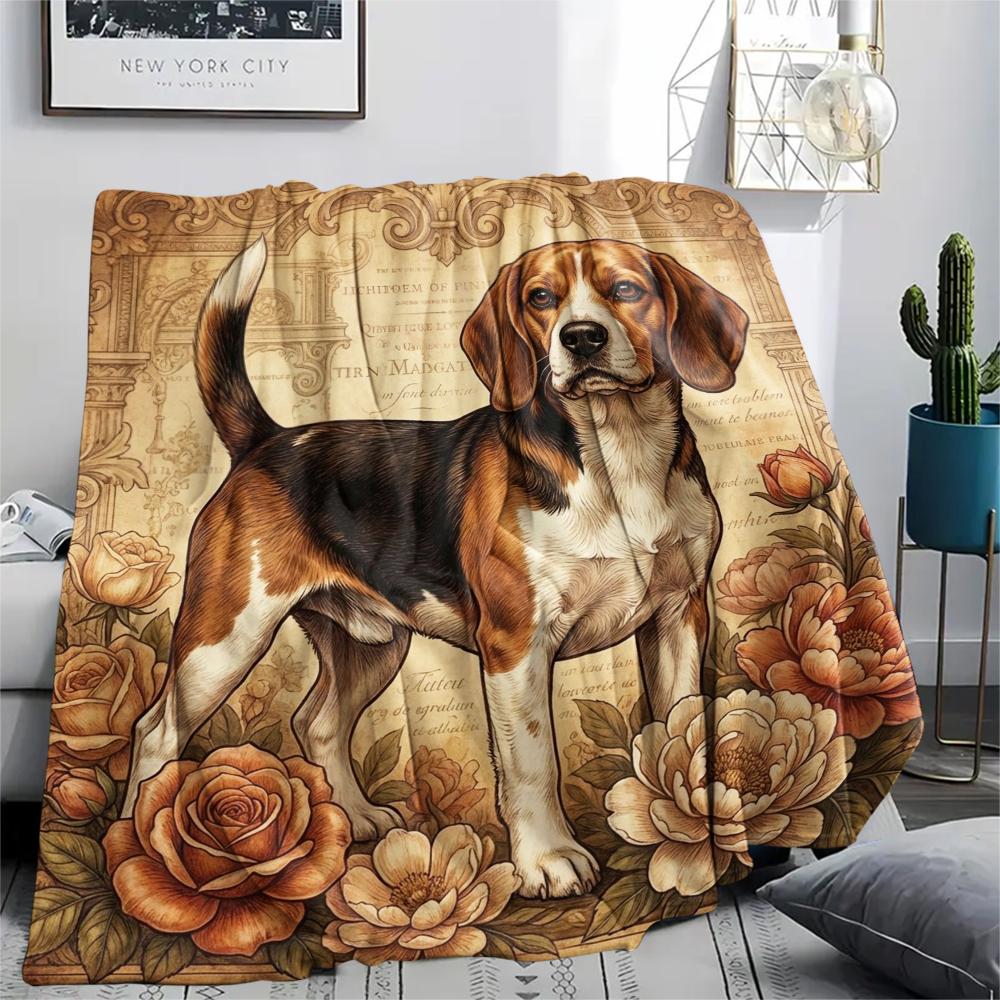 1PC Retro Pet Puppy Print Flannel Blanket, High quality All Seasons, Home Decor, Warmth and Comfort, Perfect for Christmas Gifts