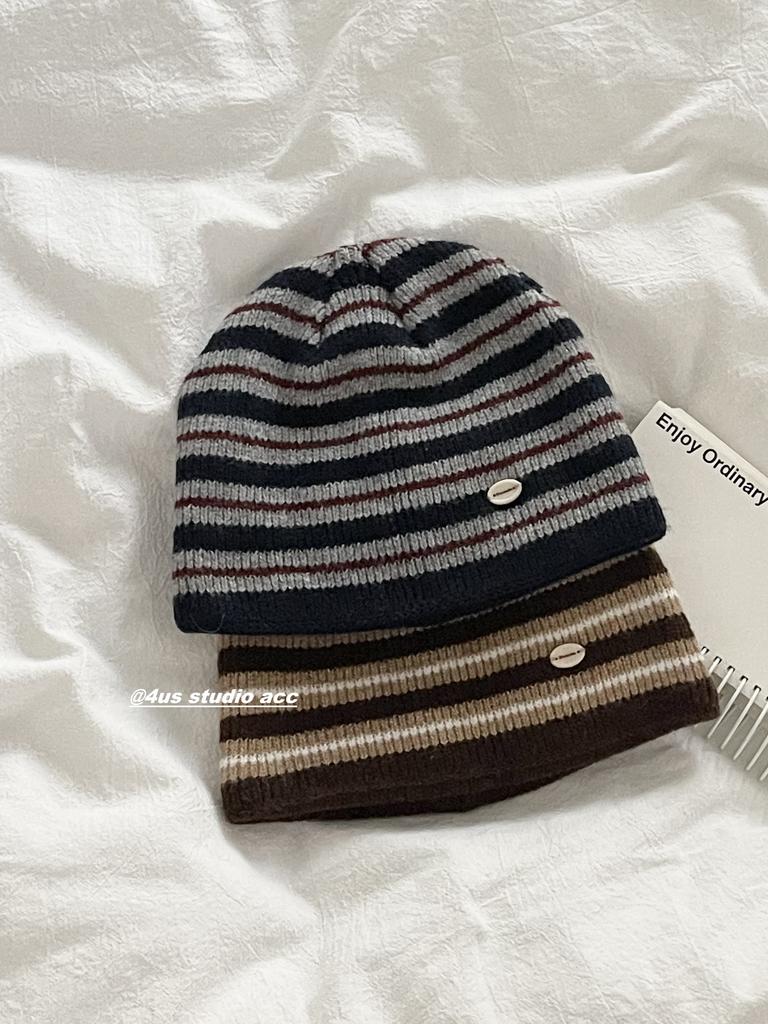 Color-Block Striped Knitted Hat Autumn Winter Warm Ear Protection Wool Hat Cold Hat Face Slimming