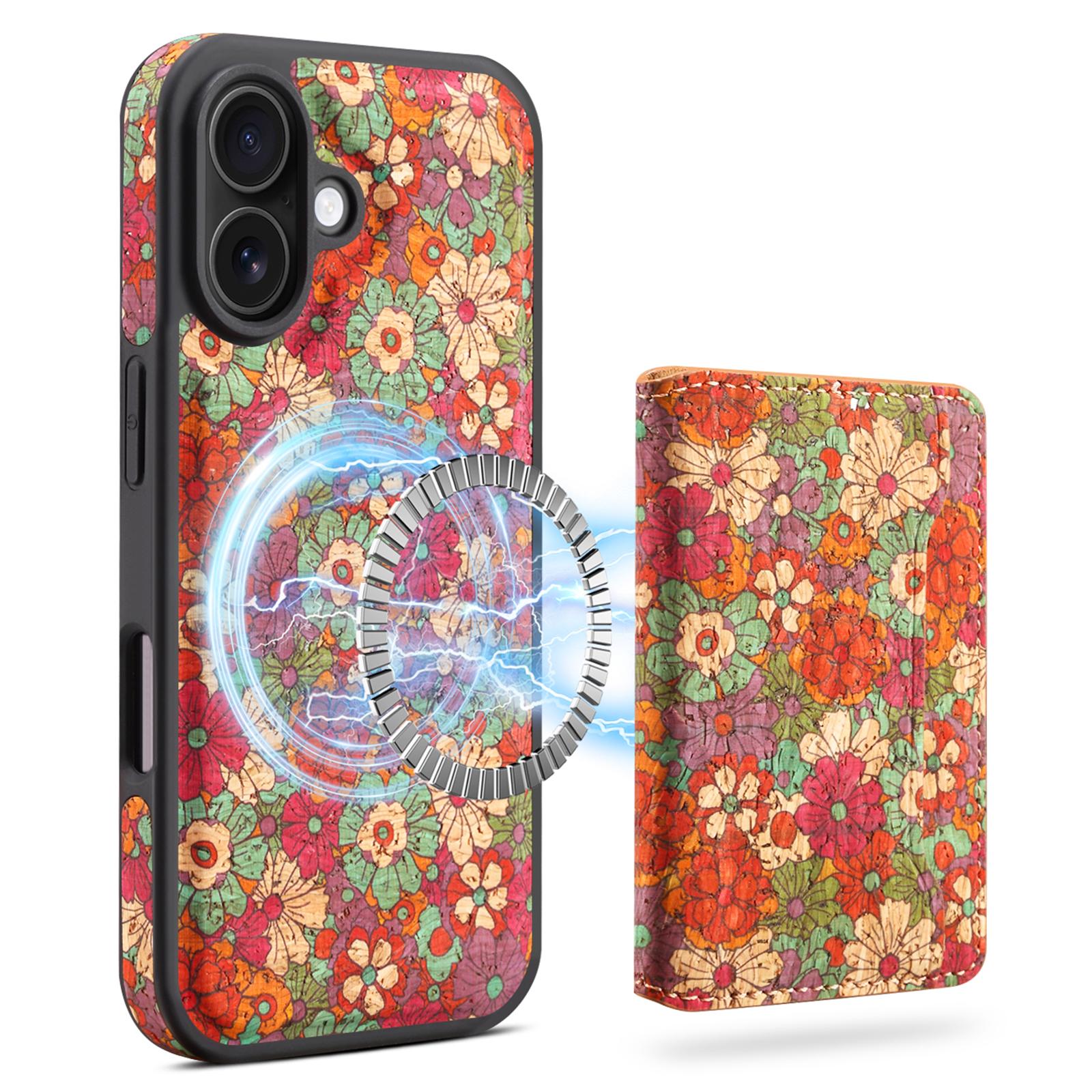 

D16 For iPhone 16 Plus Magnetic Case Detachable Card Bag Flower Leather Back Cover Red