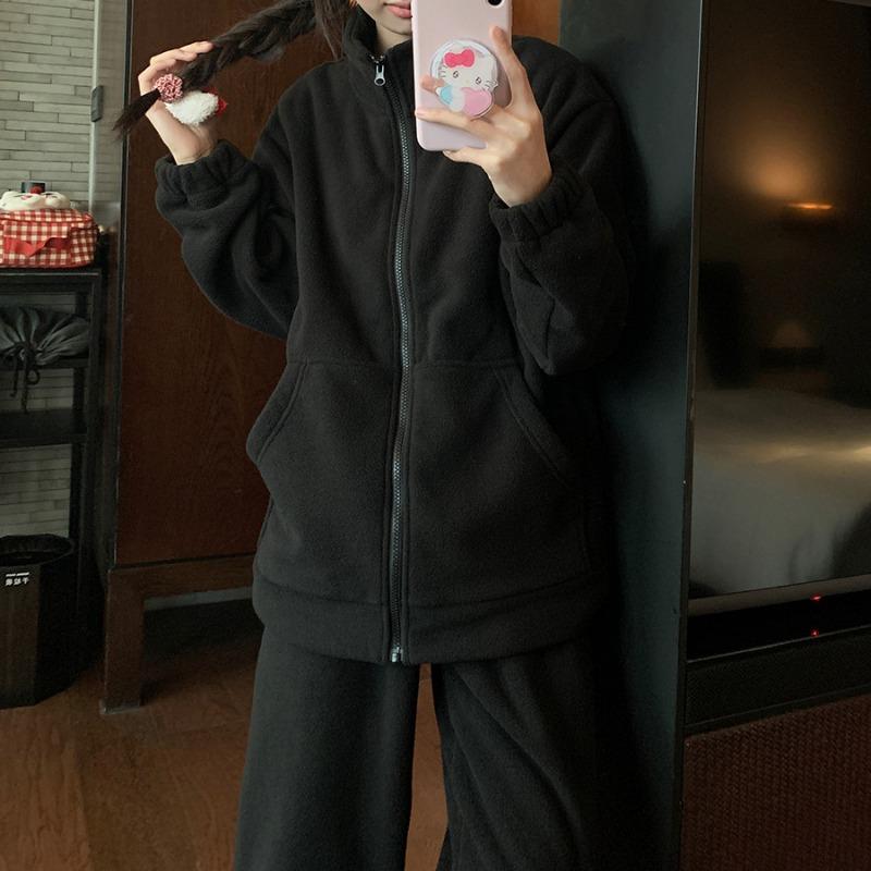 

Двусторонний флисовый повседневный костюм для женщин на зиму, свободный и утепленный бархатом, ленивый стиль, можно носить на улице, чтобы согреться, комплект из двух предметов 2XL