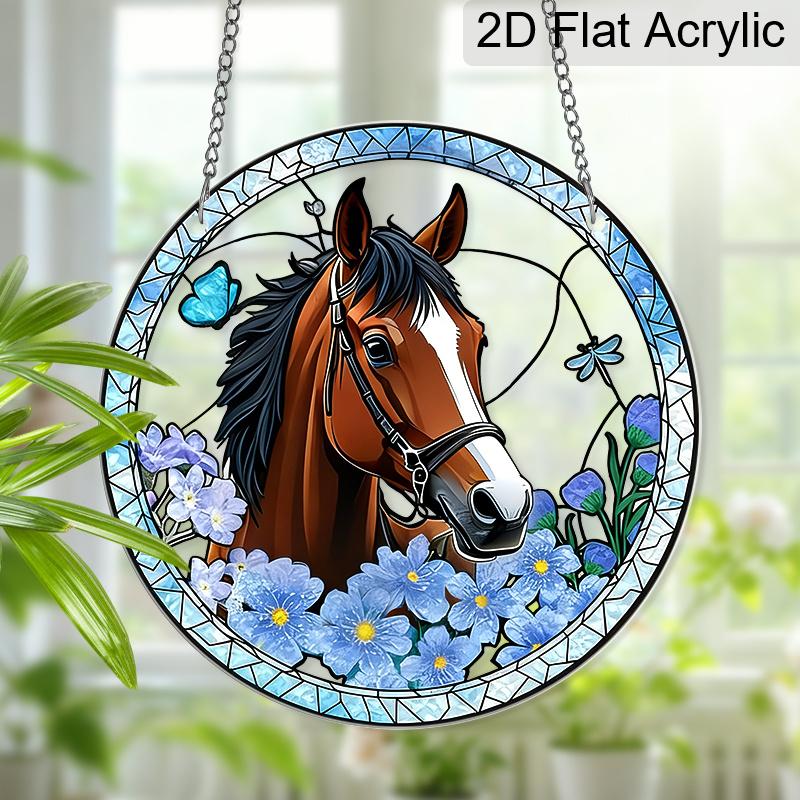 Acrylic Horse with Blue Flowers and Butterfly Suncatcher, Stained Glass Effect Window Hanging Ornament for Horse & Nature Lover Gifts