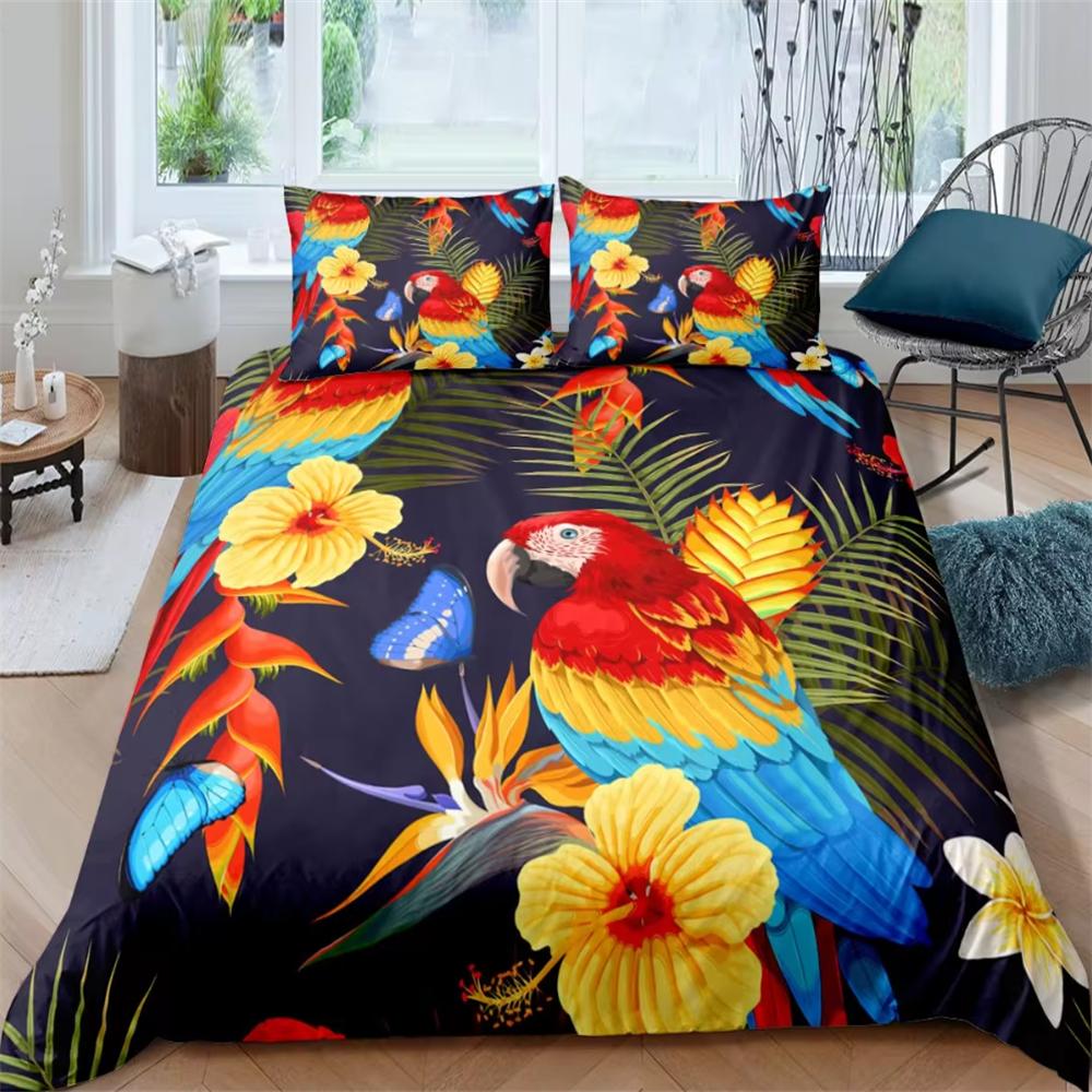 Parrot King Queen Bedding Set Cute Birds Colourful Feather Duvet Cover Tropical Flowers Comforter Cover Polyester Quilt Cover