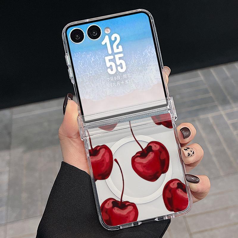 Cherry Fruits Print Case For Samsung Z Flip 8 7 FE 6 5 Magnetic Clear Hard PC Folding Phone Cover For Galaxy Z Flip8 Flip7 Flip6