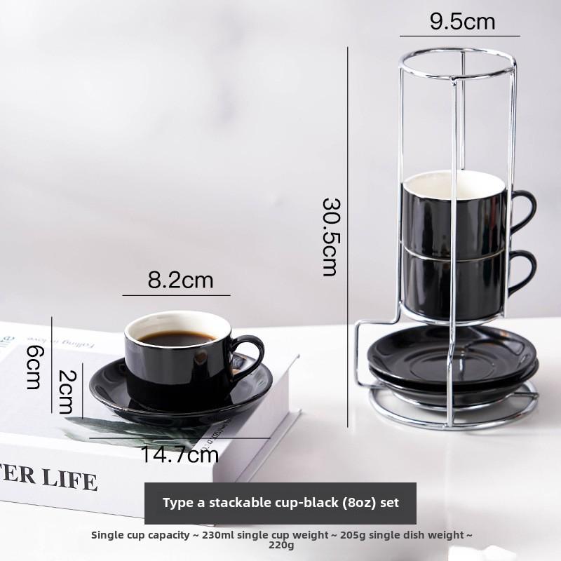 3OZ Porcelain Stackable Cups with Saucers and Metal Stand for Specialty Coffee Drinks,Latte,Americano and Tea-Set of 4