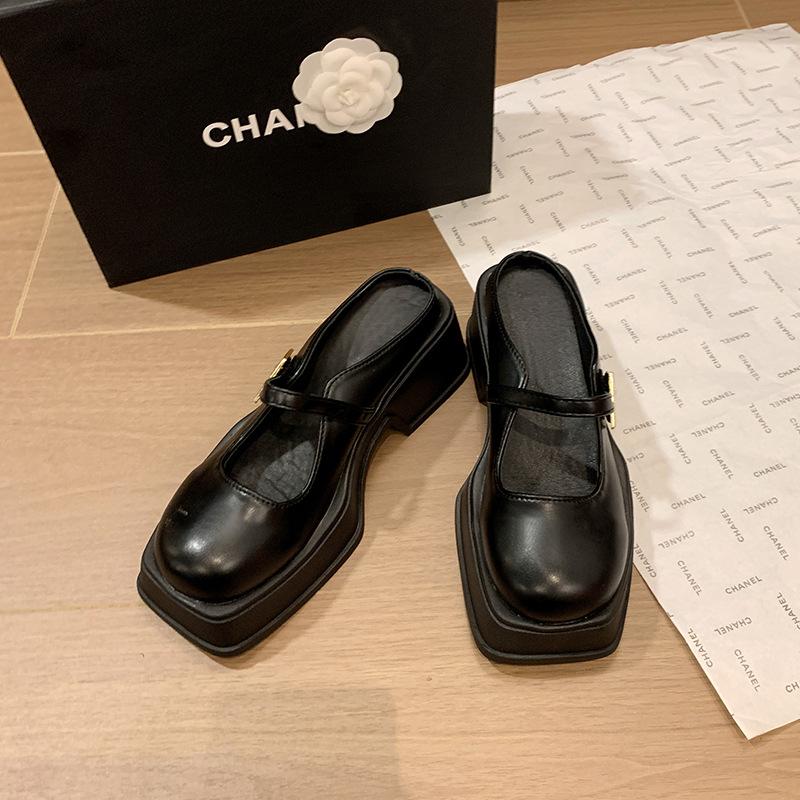 

Полушлепанцы с толстой подошвой и толстым каблуком с закрытым носком для женской уличной обуви 2025 новый весенний, летний и осенний универсальные Мэри Джейн крутые шлепанцы для женщин 39 чёрный