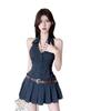Women's Summer Striped Halter V-neck Backless Dress with Waist-cinching Blazer and A-line Pleated Skirt