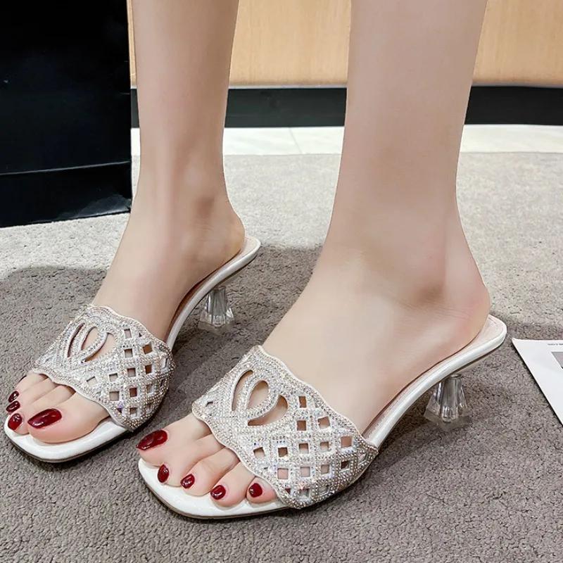 Temperament Fine Heel Slippers Summer New Round Head Crystal Flip-flops Anti-slip Wear-resistant High Heel Sandals