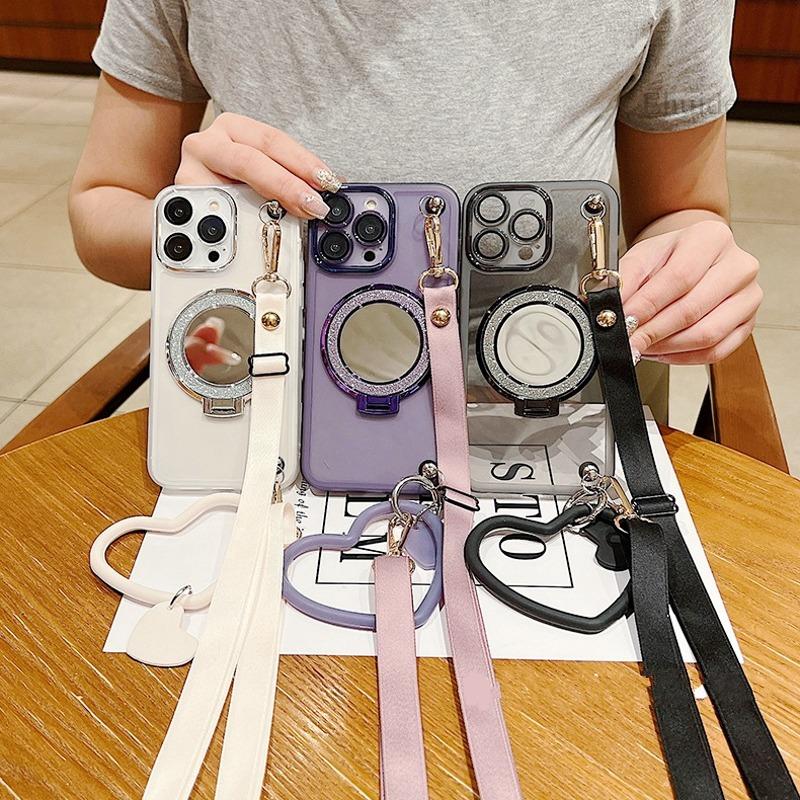 Mirror Stand Silk Strap Case For OPPO Realme 14 Pro Plus Reno 13F 13 12 12F 11 C63 C61 Clear Crossbody Neck Lanyard Soft Cover