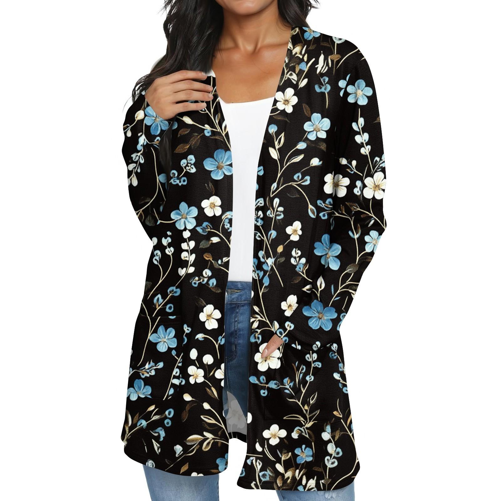 

Women s Fashion Casual Retro Floral Print Mid-Length Cardigan Jacket L чорний
