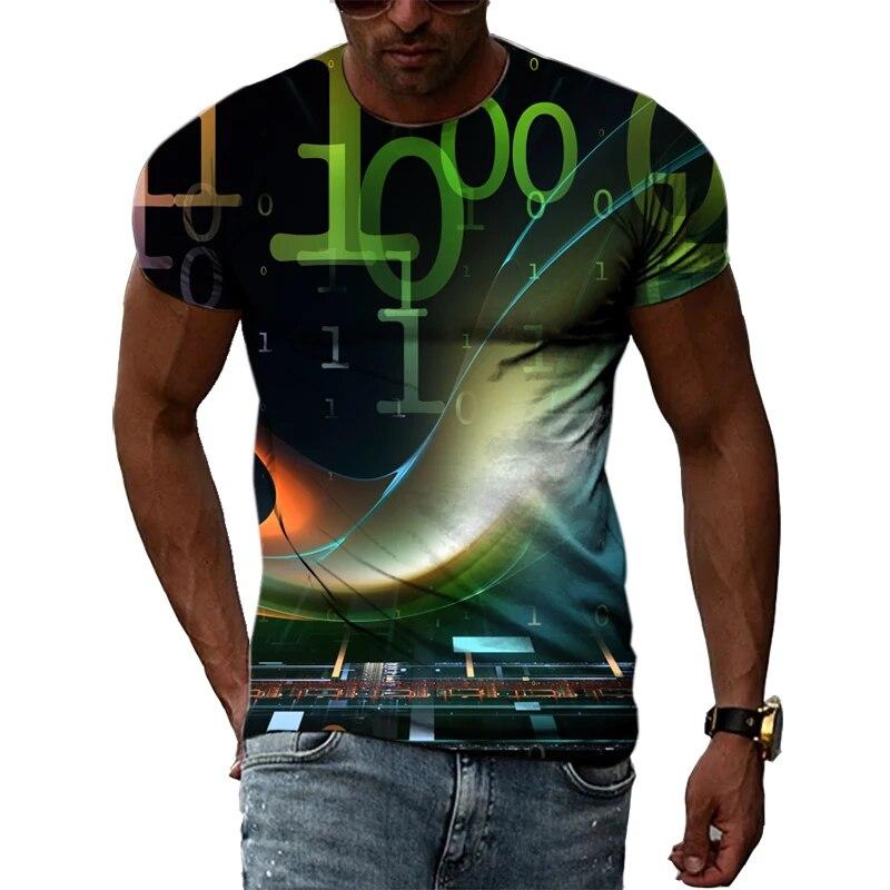 Handsome Men's Technology Element Pattern 3D T-Shirt Hip-Hop Style Casual Round Neck Tops Trendy Street Personality Clothing