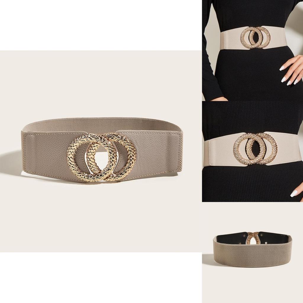 Retro Artistic Leather Wide Waist Belt With Elastic Double Round Buckle For Women