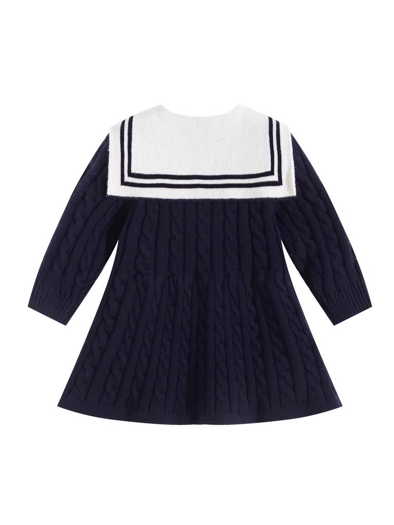 Sonbahar ve Kış İçin Pamuklu Kolej Tarzı Örgü Fiyonklu Bebek Kız Prenses Elbise