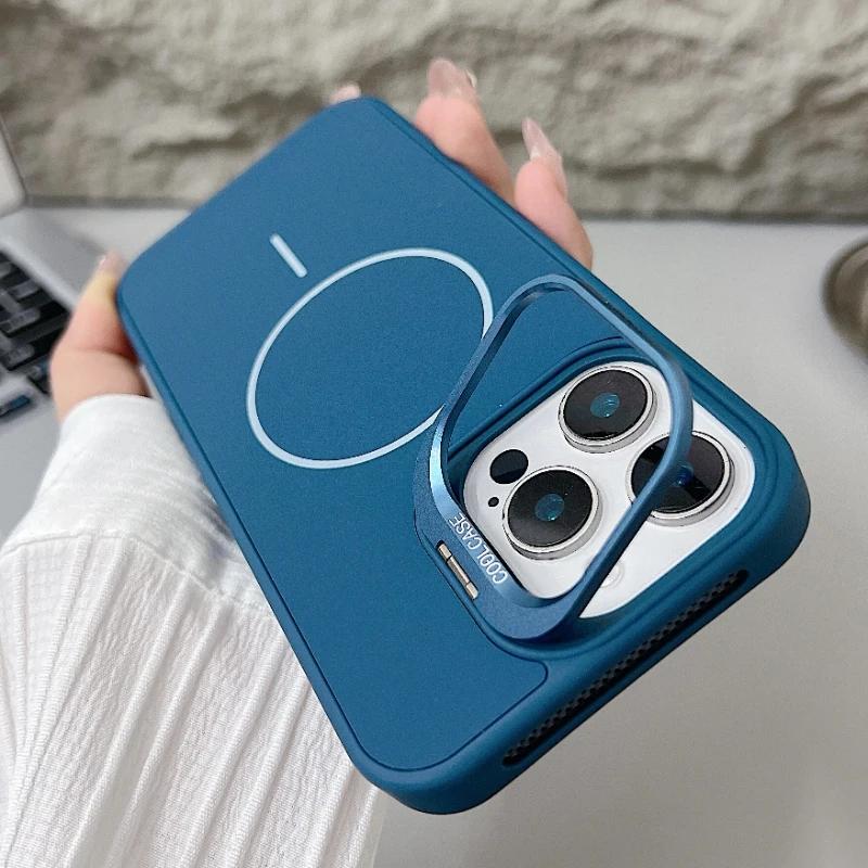 Trendy Silicone Magnetic Lens Stand Case for iPhone 16 15 14 11 12 13 Pro Max Plus MagSafe Compatible Shockproof Protective Case