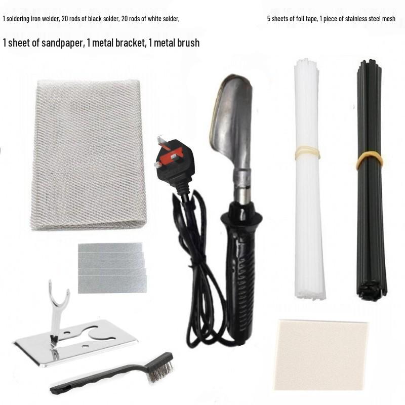 Electric Bumper Repair Kit for Front & Rear Bumpers - Soldering Iron, Mesh, PP Plastic Glue, and Welding Strips.