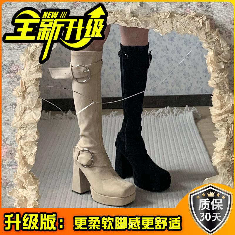 2025 Autumn and Winter New Retro Suede Thick Heel Medium Heel Round Head Tall Knight Boots European and American Pleated Stacked Cowboy Boots