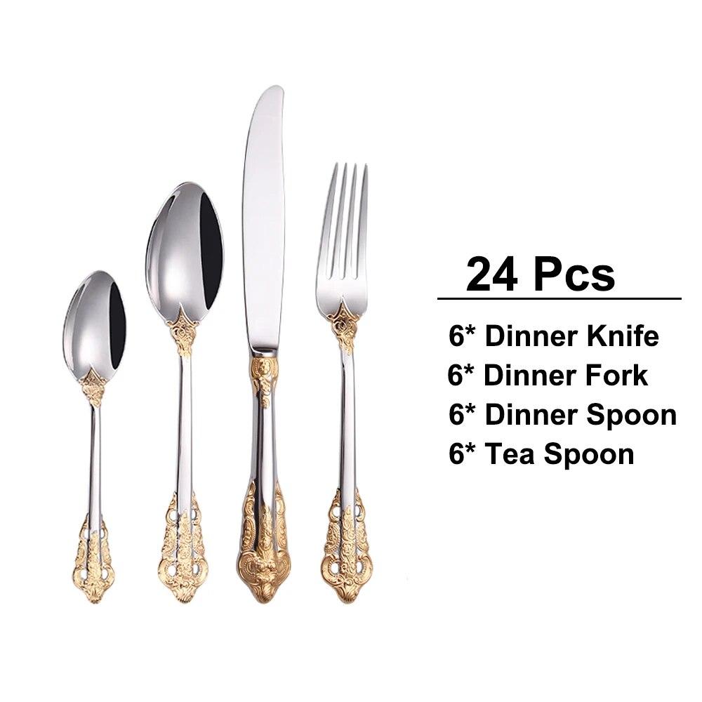 

24/30 шт. золотой набор столовых приборов из нержавеющей стали, винтажная посуда в стиле вестерн, роскошная посуда, вилки с гравировкой, ножи, ложки, серебристая посуда