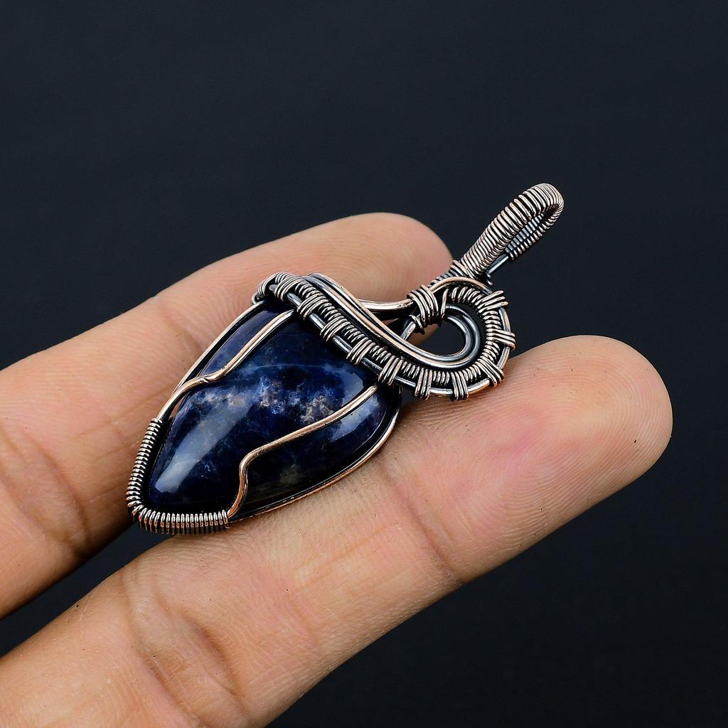 Sodalite Handmade Gemstone Pendant, 999 Copper Wire Wrapped Pendant Antique Jewelry, Pendant For Engagement Gift