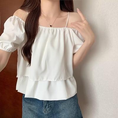 Blusas Femininas Ombro a Ombro Manga Bufante Babados Sólida Solta Verão Estilo Coreano Tops Femininos