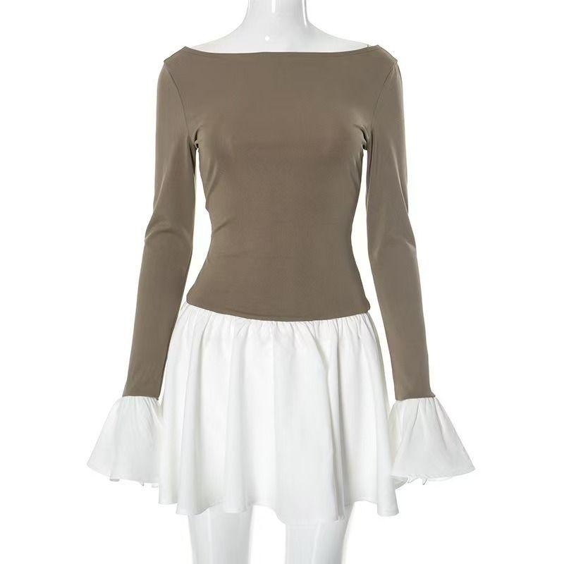 

Fashion New Arrival Color Block Flare Sleeve Silm Tulle Tutu Dress Fashion Color Blocked Dress Brown S