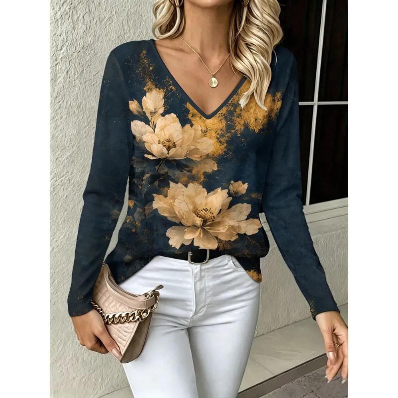 Autumn Women's 3D Geometric Printed V-Neck Long Sleeve T-Shirt