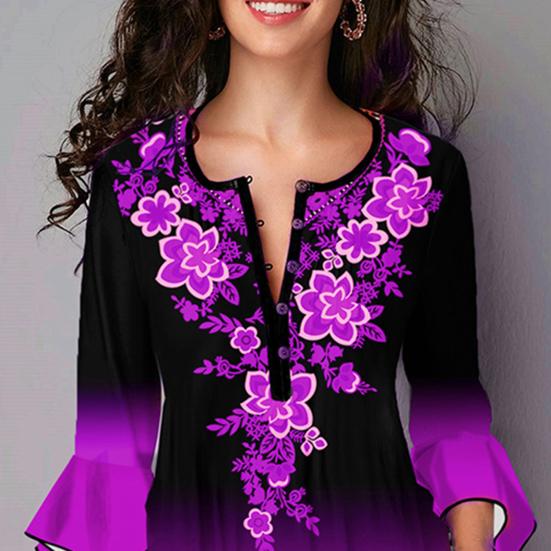 Vintage košile s přechodem barevný potisk s nepravidelným rukávem pro ženy Slim All