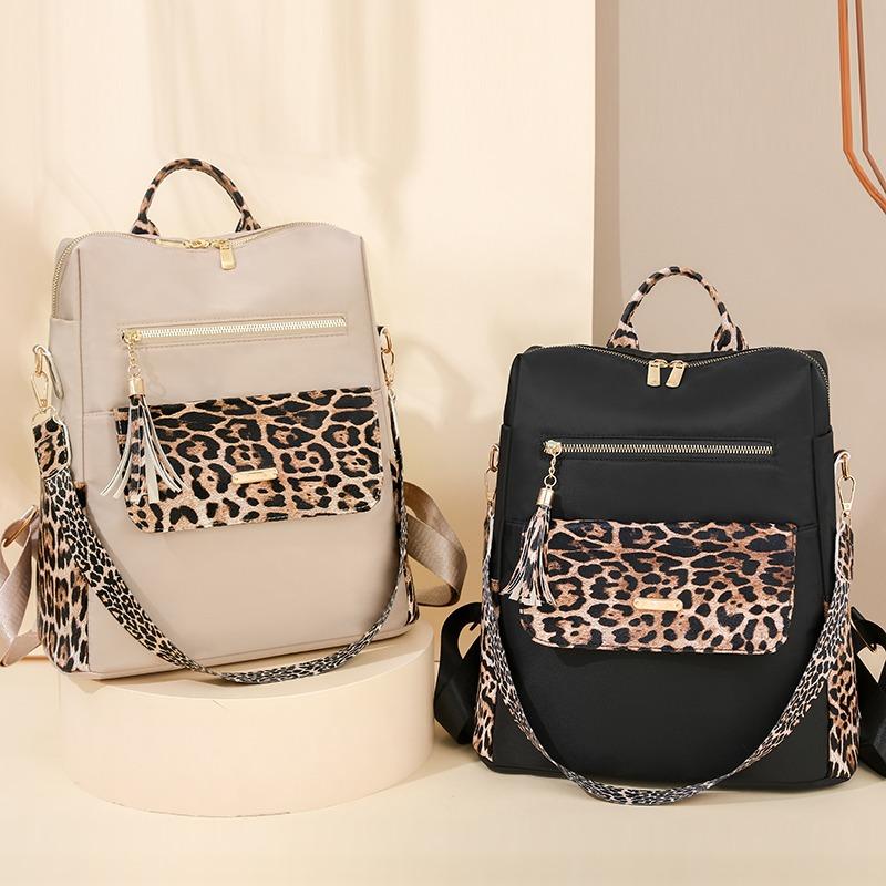 able Multi- Leopard Backpacks for Women High Quality Tassel Backpack Lightweight Commute Nylon Travel Bag