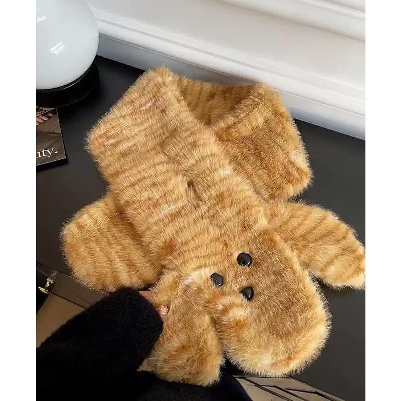 

Korean New Scarf Hat Two Piece Set Cute Cartoon Leopard Plush Fisherman Hat Warm and Cold-proof Scarf