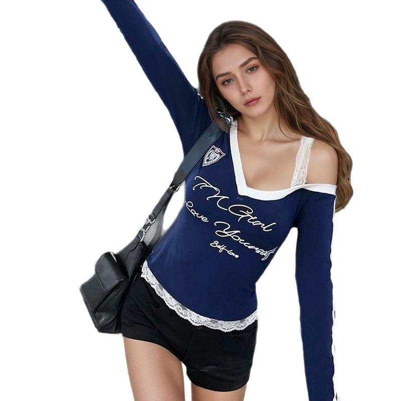 Dámský jarní top s dlouhým rukávem a potiskem písmen v barevném kontrastu a mašlí