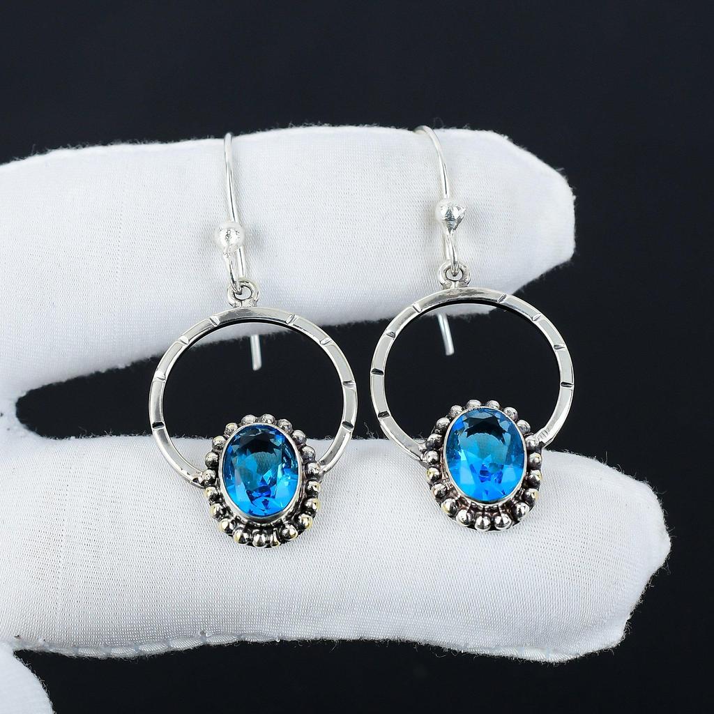 Swiss Blue Topaz Gemstone Earrings, 925 Sterling Silver Earring, Handmade Boho Silver Jewelry Dangle Earrings, Party Wear Gifts